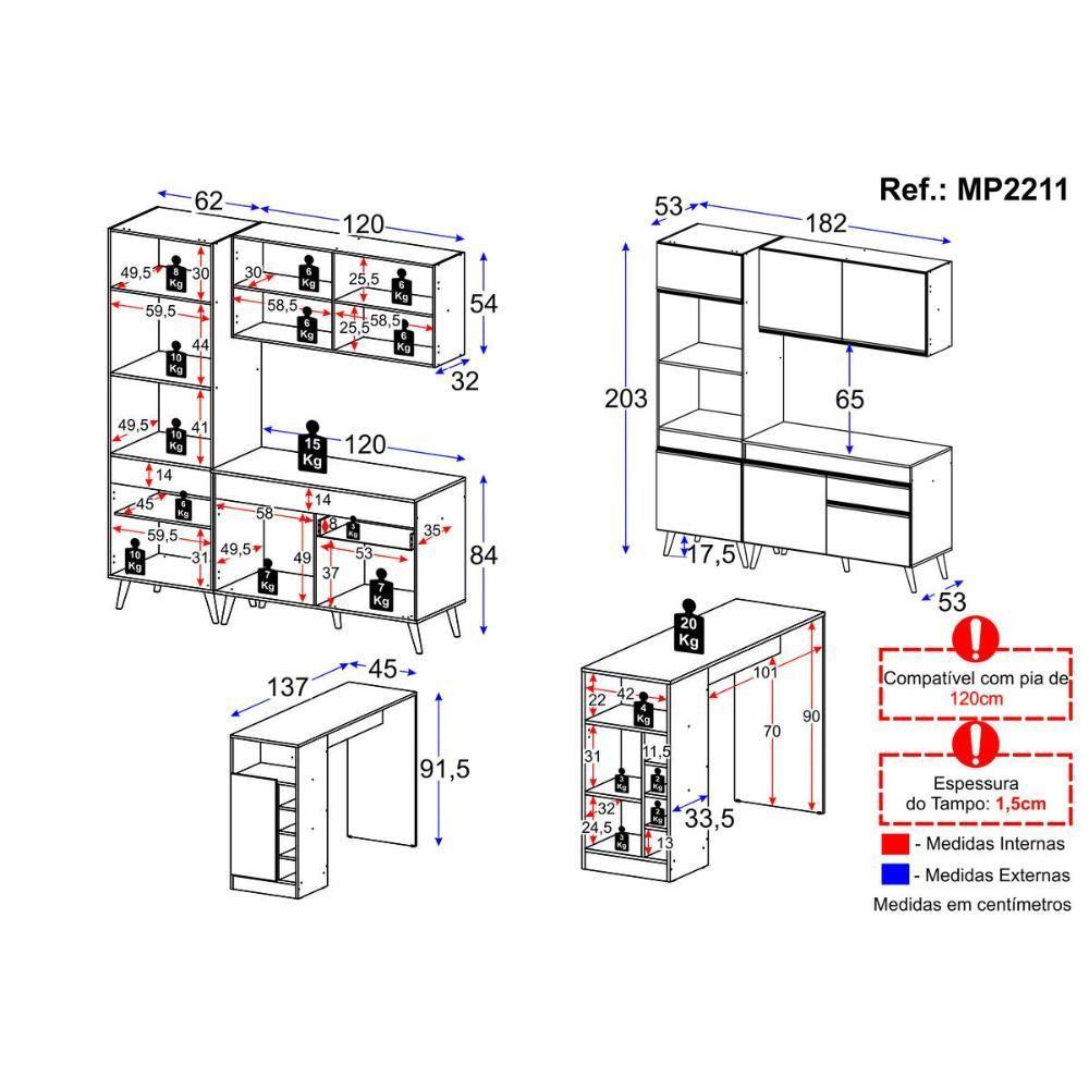 Miniatura Cozinha Compacta Com Bancada Americana/mesa Veneza Multimóveis Mp2211 Branco Branco