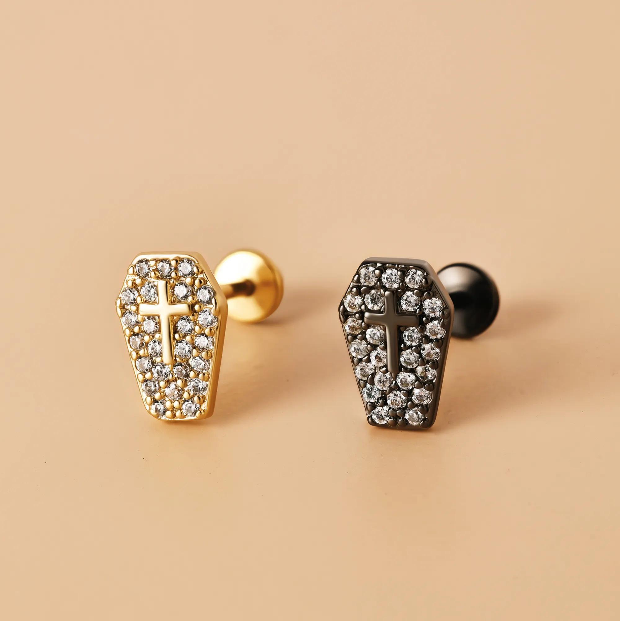 Miniatura Piercing Labret Lip Cartilagem Caixão Cruz Aço Halloween