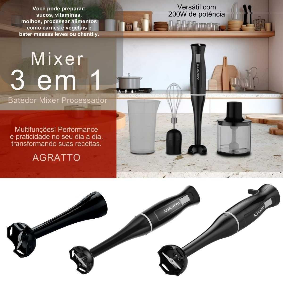 Kit Mixer 3 Em 1 Processador Batedor Liquidificador Portátil