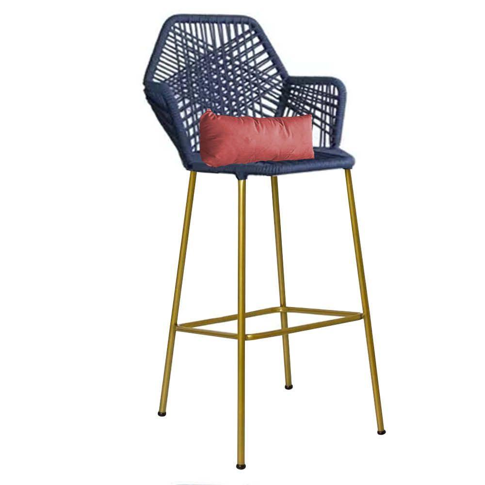 Miniatura Banqueta Alta Com Encosto Sttar Ferro Dourado Fibra Azul Marinho Almofada Suede Rose Gold