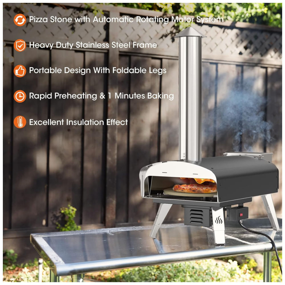 Miniatura Forno a Lenha Externo Portátil com Rotação Automática e Pedra para Pizza, Mimiuo, Preto 110v