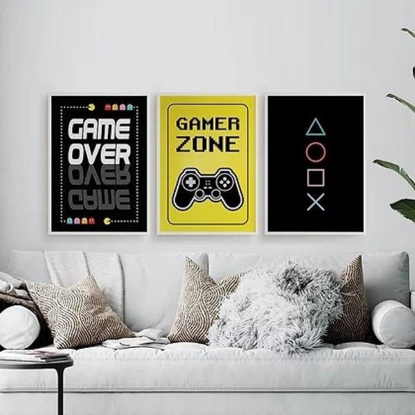Miniatura Kit Quadros Gamer Game Over 24X18Cm 3 Peças