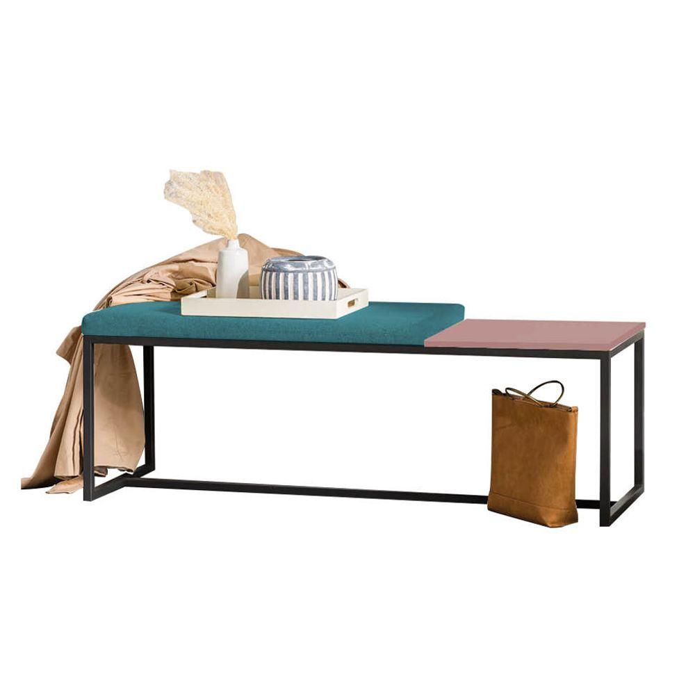 Miniatura Banco Recamier Puff 160cm Industrial Preto Suede Azul Turquesa Tampo Quadrado Mdf Rose