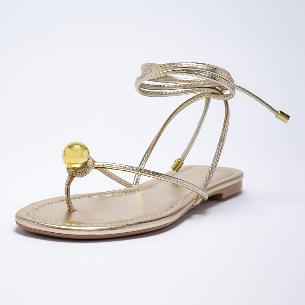 Rasteira Flat Feminina Com Amarração E Detalhe Bola - Ouro 34