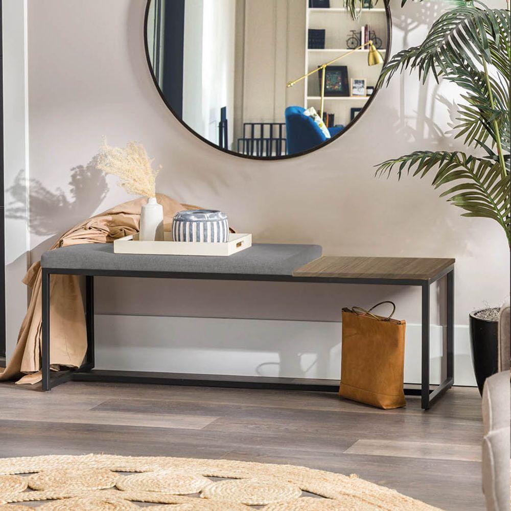 Miniatura Banco Recamier Puff 160cm Industrial Preto Sintético Cinza Tampo Quadrado Mdf Carvalho