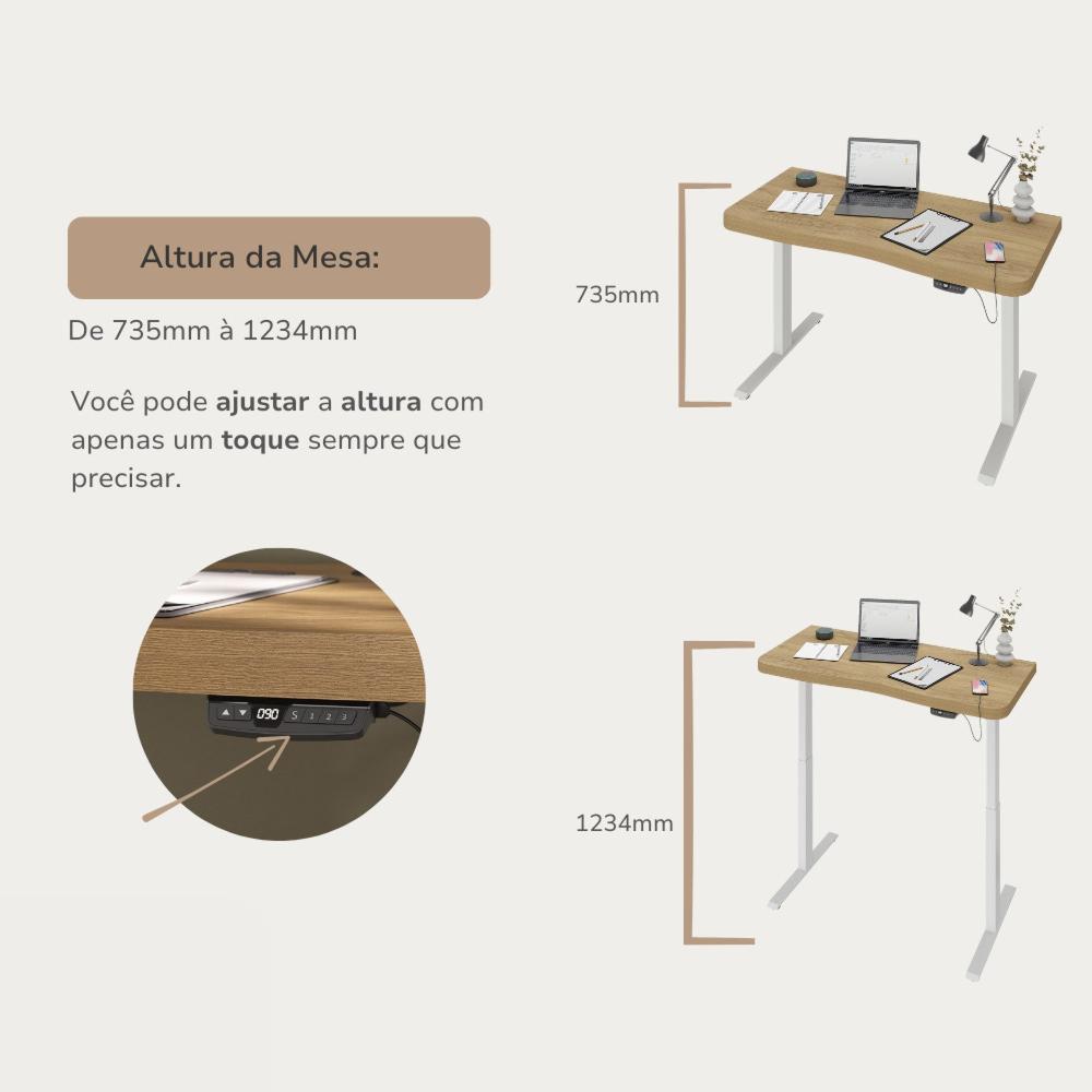 Miniatura Mesa para Escritório com Regulagem de Altura Entrada Usb Ergonômica em Tamburato Olmo