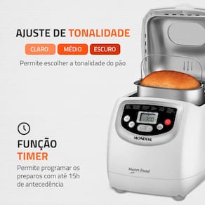 Miniatura Panificadora Automática Mondial Master Bread NPF-54 com 19 Funções Pré-programadas - Branca 110V