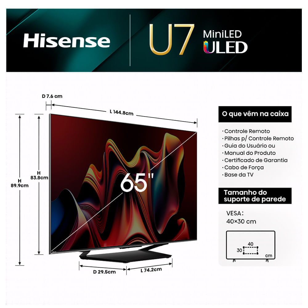 Smart TV Hisense QLED Mini UHD 4K 65" Polegadas Frequência 144 Hz e Wi-Fi - 65U75LUA Bivolt