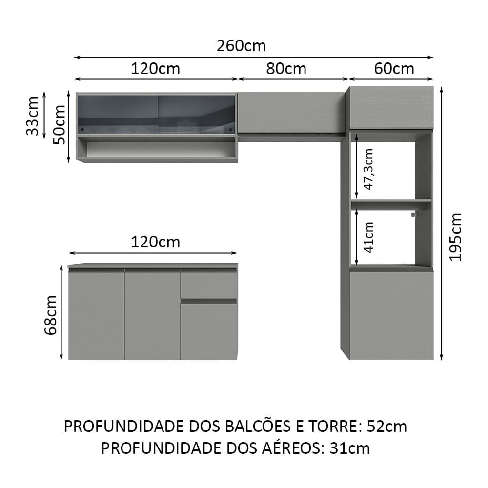 Armário de Cozinha Completa Suspenso 260cm Cinza Nice Madesa 10 Cor:Cinza