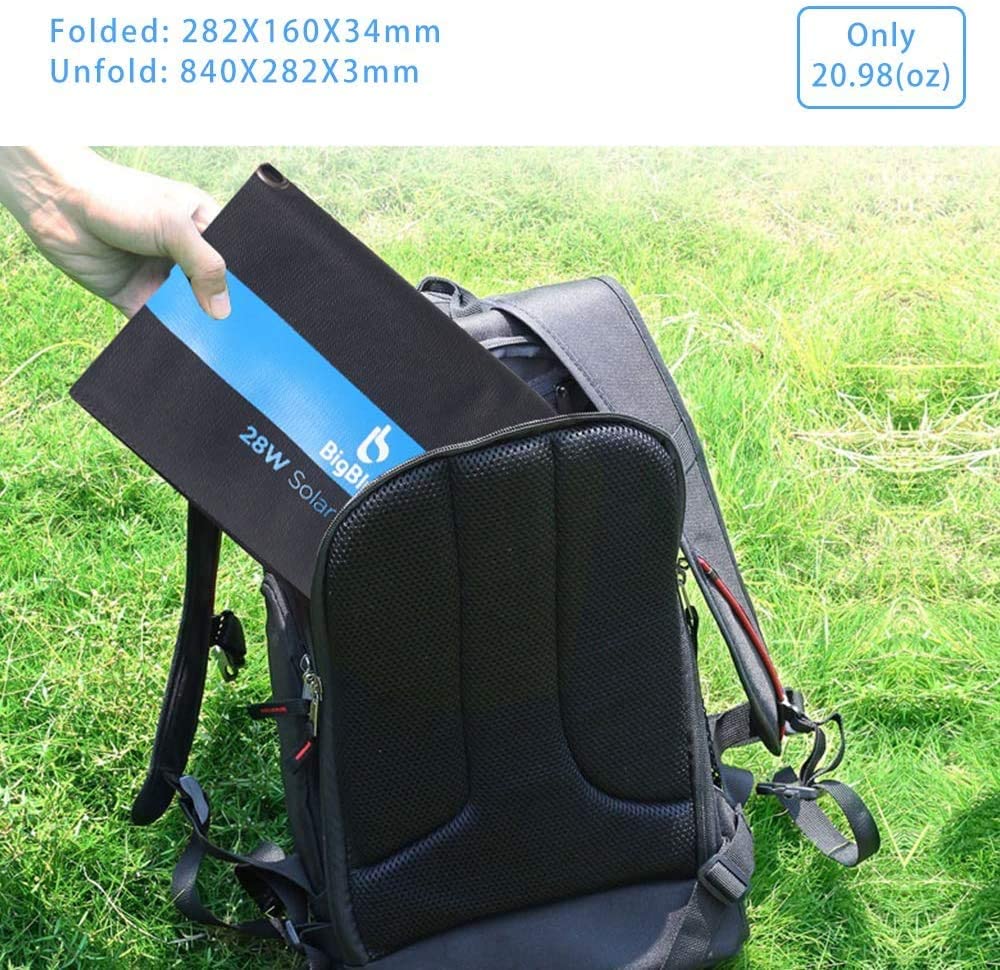 Miniatura BigBlue Painel Solar Carregador Portátil c/ duas saídas USB, à prova d'água, 28W, 5V, 1 unidade.
