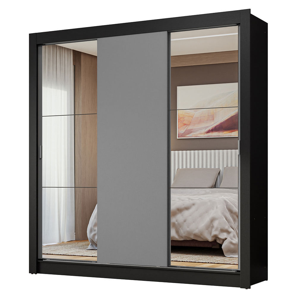 Guarda-Roupa Casal 3 Portas de Correr com Espelhos Preto/Cinza Nobre Madesa Cor:Preto/Cinza