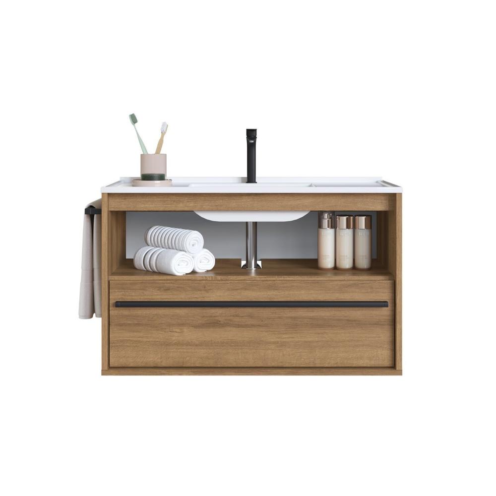 Miniatura Gabinete de Banheiro Suspenso 80cm com 1 Toalheiro 1 Porta 1 Gaveta Bh8030 com Lavatorio Mel