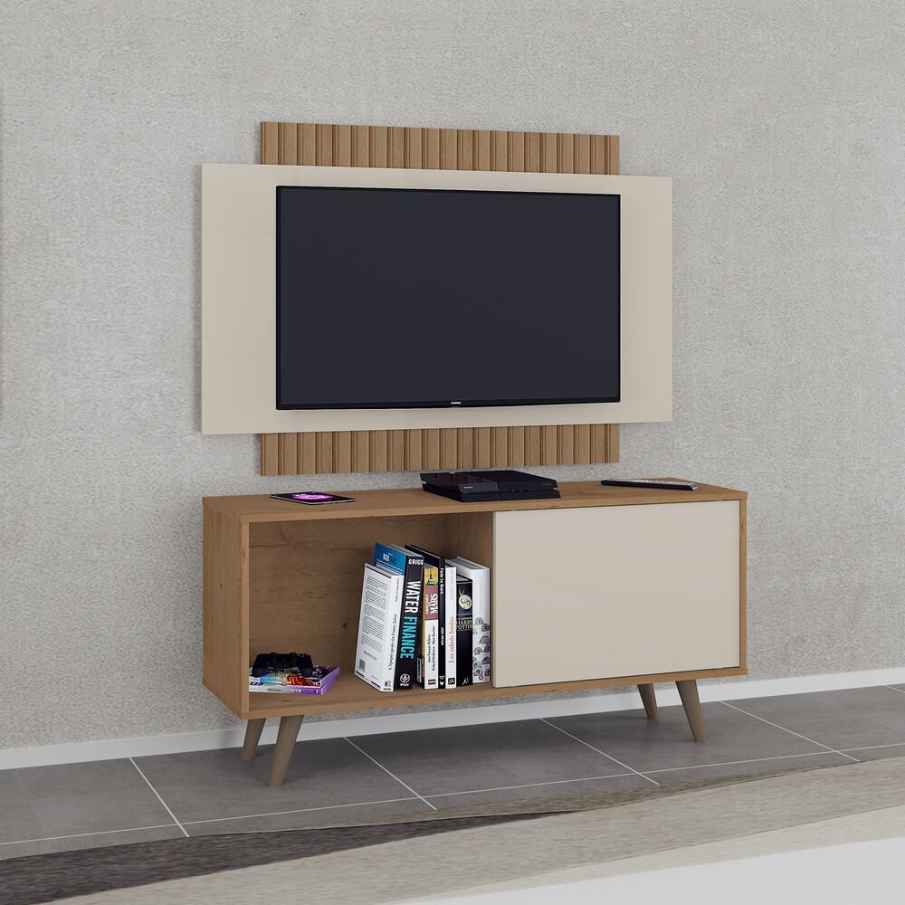 Miniatura Rack com Painel TV até 50" com Pés Retrô Multimóveis CR45219 Canelato Rústico/Natura Off W.