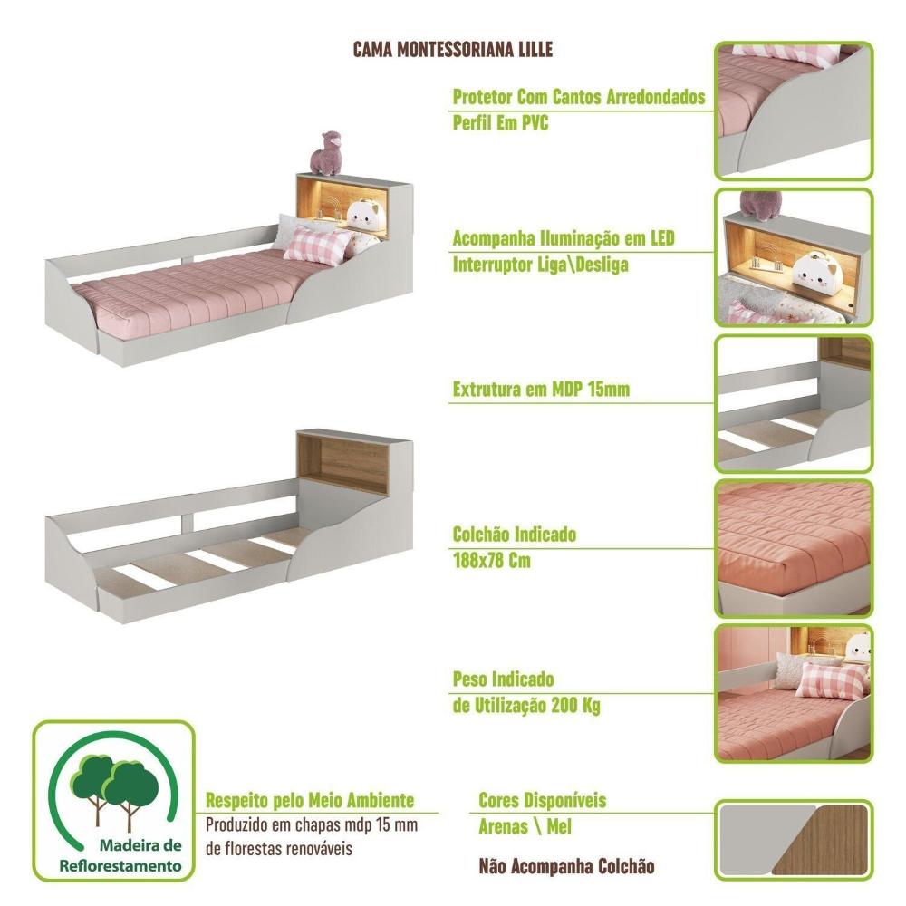 Quarto Infantil com Cama Solteiro Montessoriana com Iluminação Led e Comoda Lille Arenas