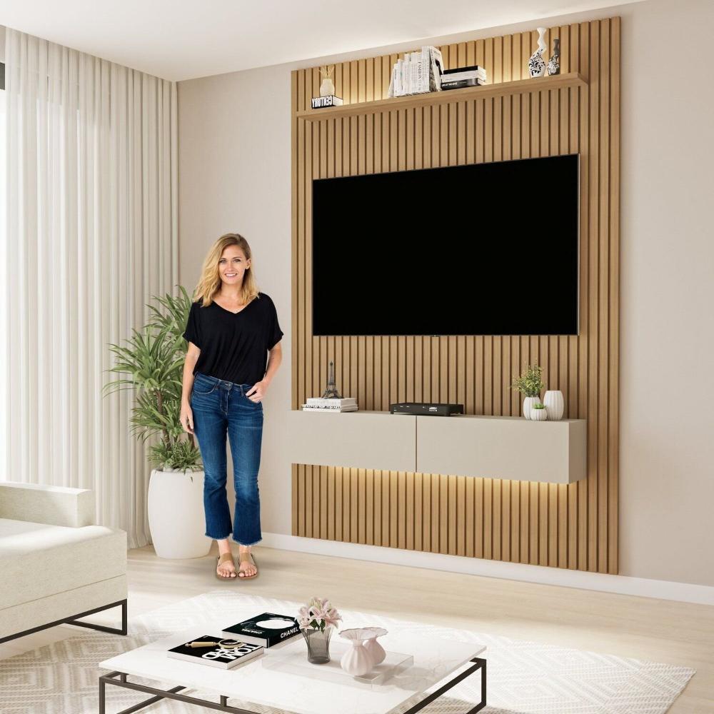Miniatura Painel para TV até 50 Polegadas Frisado com Led Duplo Curitiba Cinamomo/Off White
