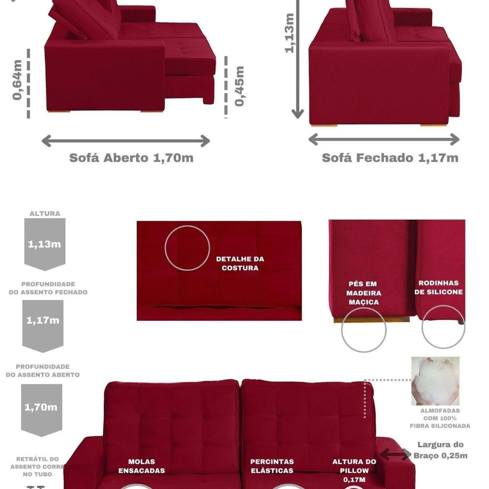 Miniatura Sofá Curitiba Modular 3 Lugares 230 Cm Retrátil Reclinável Yescasa Vermelho