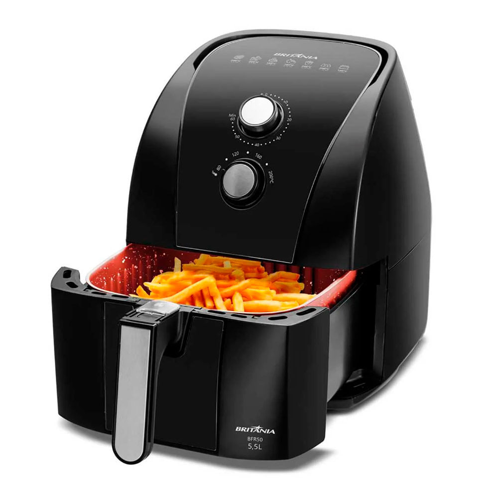 Fritadeira Elétrica Sem Óleo Air Fryer Britânia 5.5L 1500W BFR50 Redstone com Inox Preto - 110V