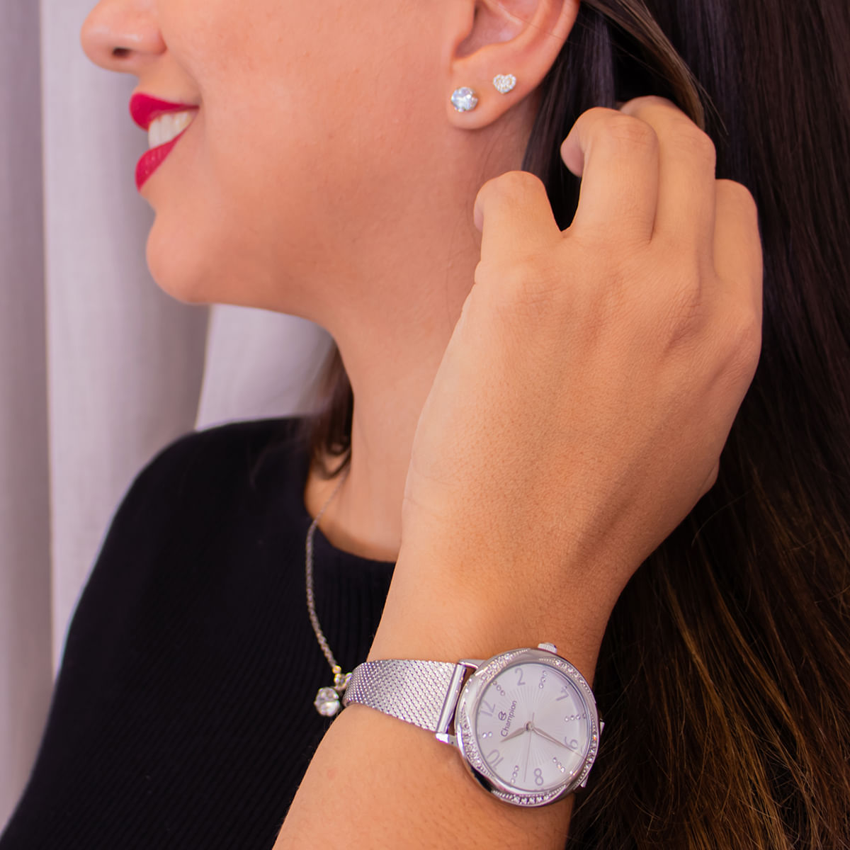 Relógio Feminino Champion Analógico Prata CF24251Q + Colar e Brincos