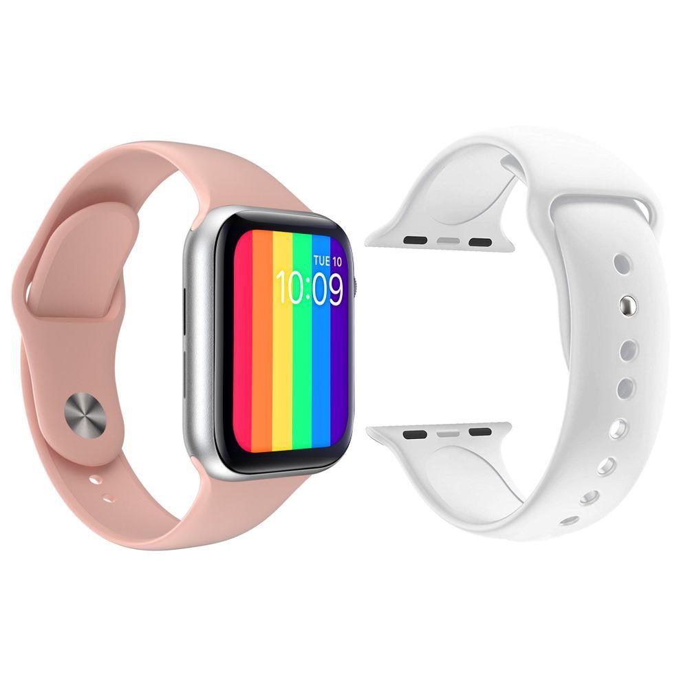 Kit 1 Smartwatch Iwo12 Lite Rosa + 1 Pulseira Branco
