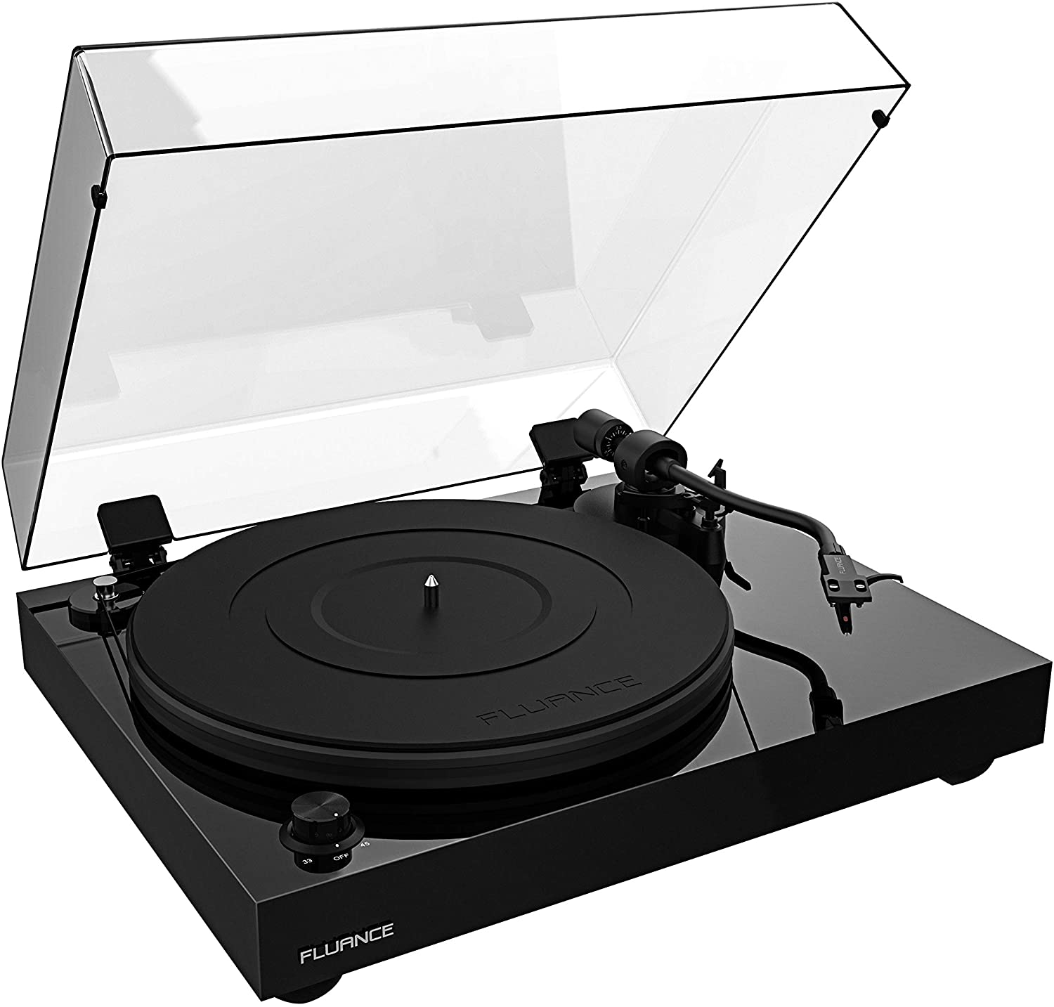 Miniatura Fluance RT82 Reference High Fidelity Vinyl Turntable Record Player with Ortofon OM10 Cartridge Speed Control Motor Solid Wood Plinth Vibration Isolation Feet Piano Black