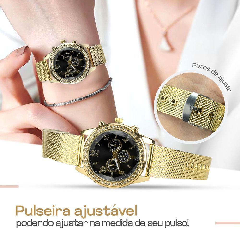 Miniatura Relogio Feminino Strass Dourado + Pulseira + Brincos + Colar