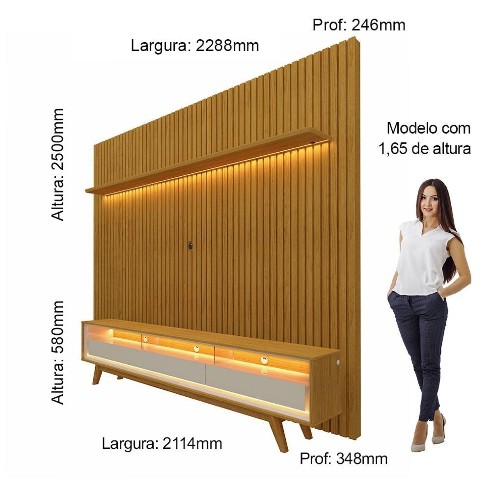 Miniatura Painel Ripado com Rack para TV até 75 Polegadas LED 3 Gavetas 2 Prateleiras com Pés 230cm Nobre Gelius Móveis Naturale