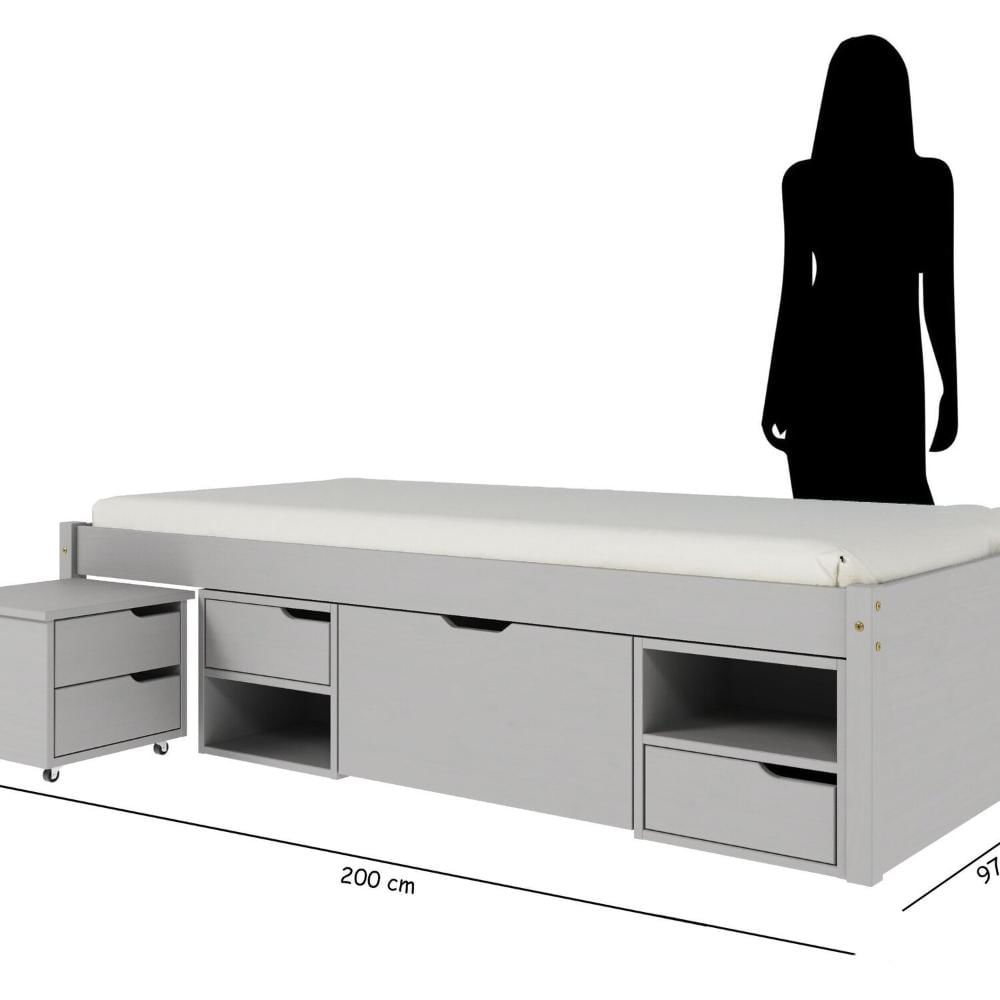 Cama Solteiro Madeira Maciça com 3 Gavetas e 1 Mesa de Cabeceira Charme Cool Grey