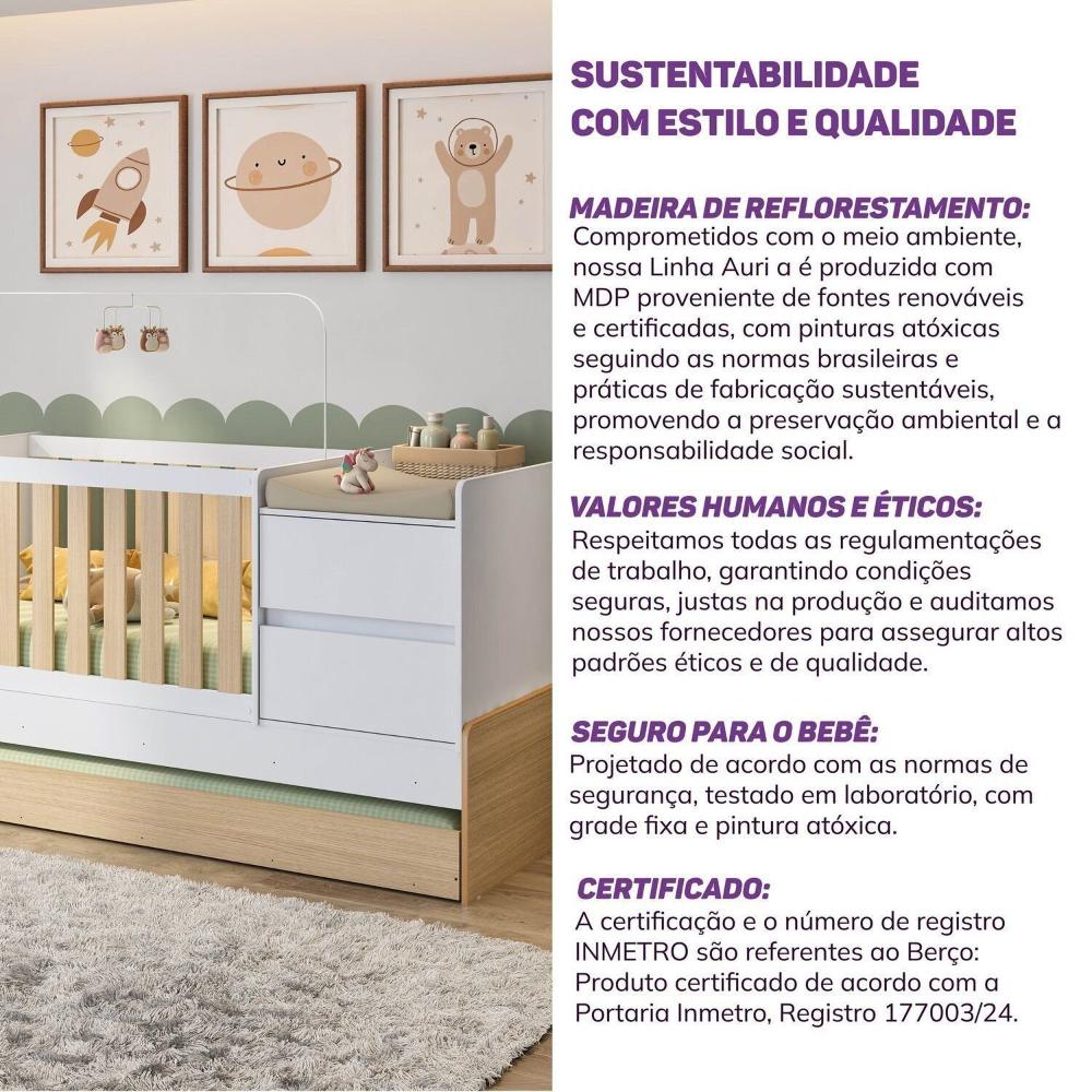 Berço Cama Multifuncional Auri com 2 Gavetas e Cama Auxiliar Casatema Carvalho Mel/Branco