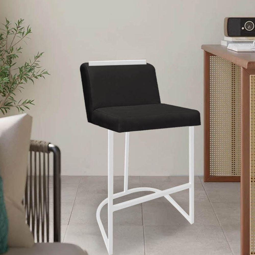 Miniatura Banqueta Com Encosto Nynna Luxo Confort Bistrô Cozinha Ferro Branco Suede Preto - Amey Decor