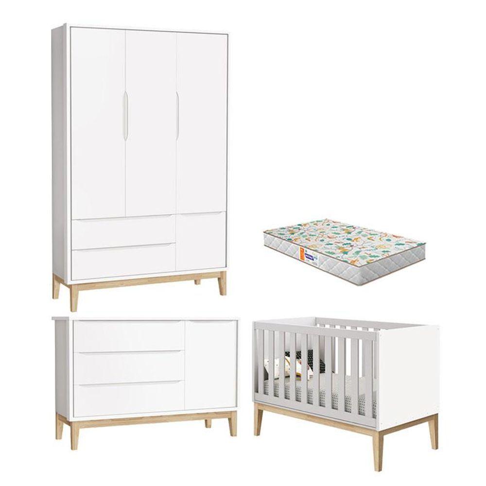 Miniatura Quarto De Bebê 3 Portas New Classic Branco Com Pés Madeira Natural E Colchão Gazin - Reller