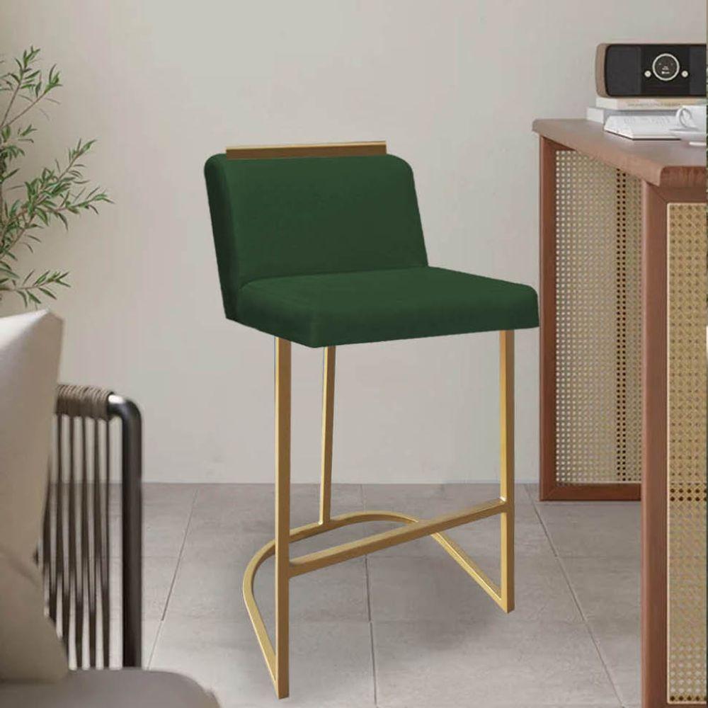 Miniatura Kit 03 Banquetas Com Encosto Confort Bistrô Cozinha Ferro Dourado Suede Verde Amey Decor
