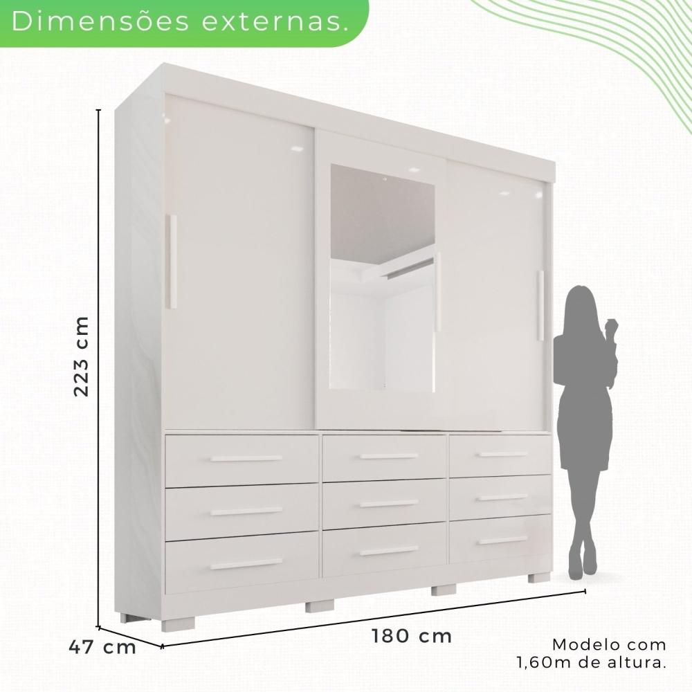 Miniatura Guarda-roupa com Pés e Espelho Casal 3 Portas 9 Gavetas Luana Branco