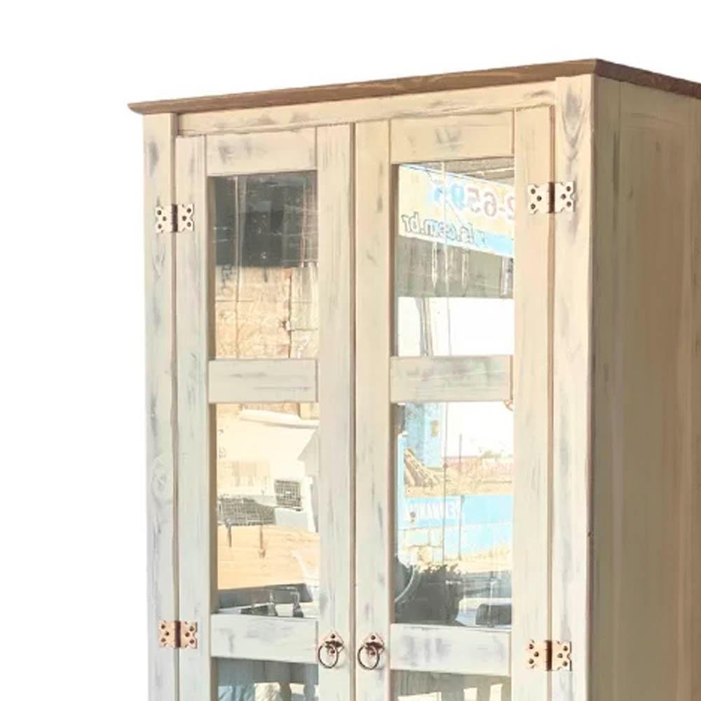 Miniatura Cristaleira Madeira Maciça 2 Portas Vidro Rústica Branco Garapa D113 Denk