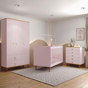 Miniatura Guarda-Roupa Bartira Ternura com 3 Portas, 2 Gavetas + Cômoda Ternura com 5 Gavetas + Berço Mini Cama Móveis Estrela Ternura - Rosa Wood Rosa Wood
