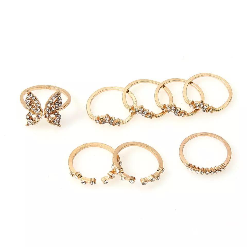 Miniatura Kit 8 Anéis Dourado Strass Brilhante Borboleta Flores A8745