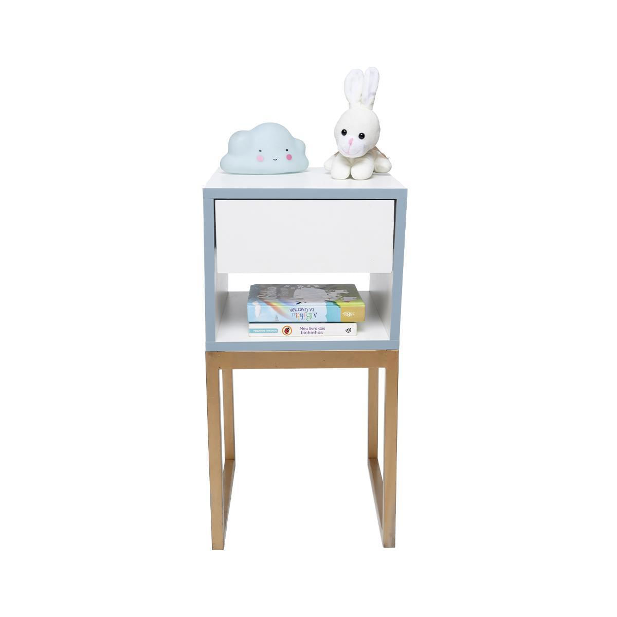 Miniatura Mesa Cabeceira Branca 30Cm Quarto Infantil Azul Eco Dourada