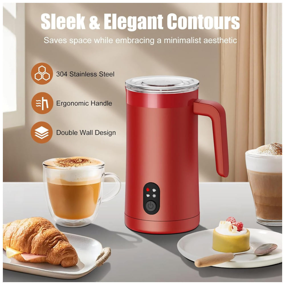 Miniatura Espumador de Leite Elétrico Ovetedot, 4 em 1, 400ml Vermelha: Crie Espuma Quente e Fria, Aqueça e Esquente Leite Automaticamente!