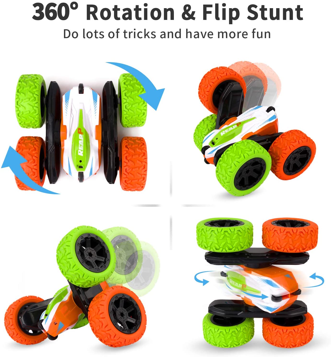 Miniatura REAPP Carrinho de Controle Remoto 24 Ghz 4WD Dupla Face 360 com 2 Baterias Recarregáveis Laranja