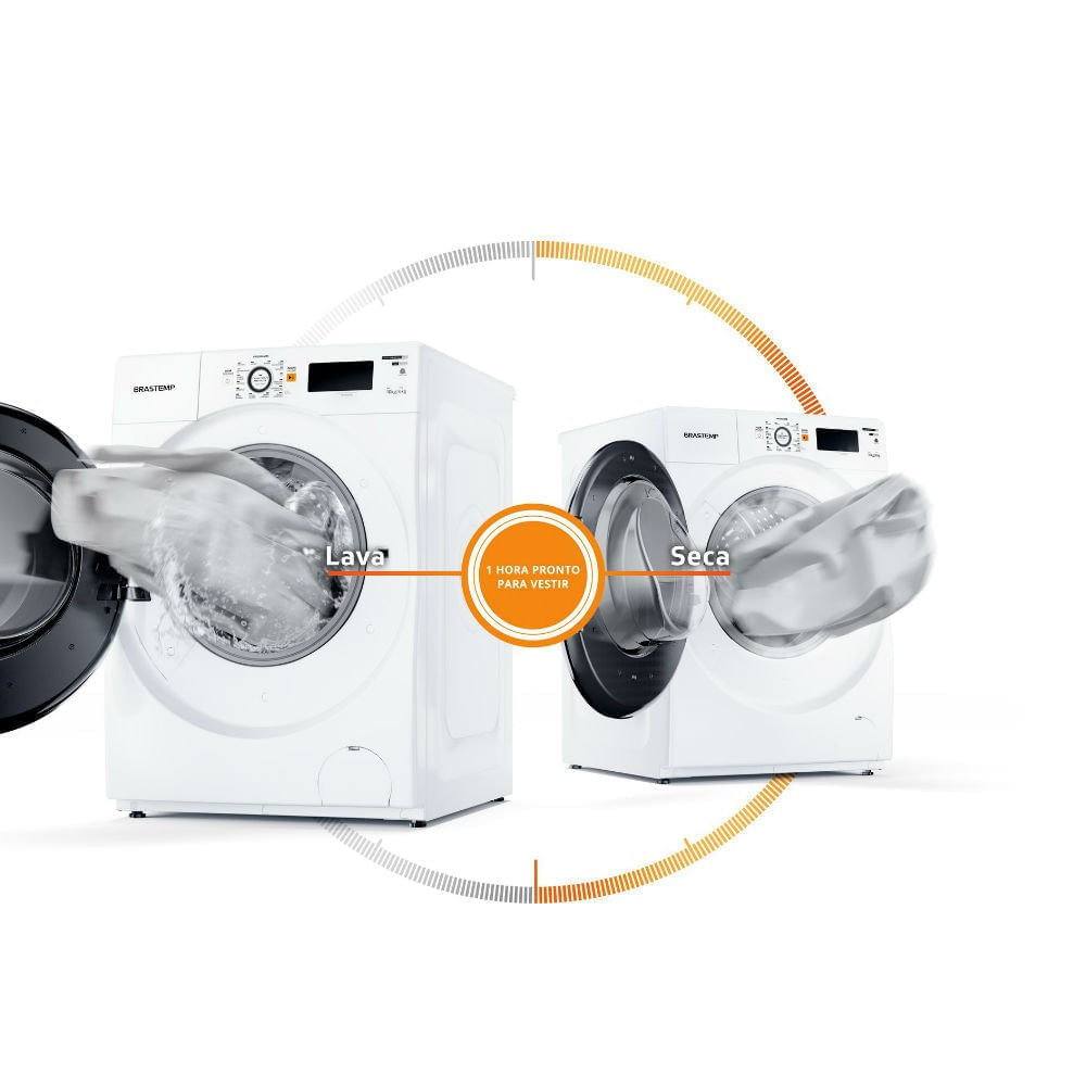 Miniatura Lava e Seca Brastemp 10,1kg/6kg branca Água Quente com Ciclo Tira Manchas Pro e Ciclo 1h Pronto para Vestir 110V