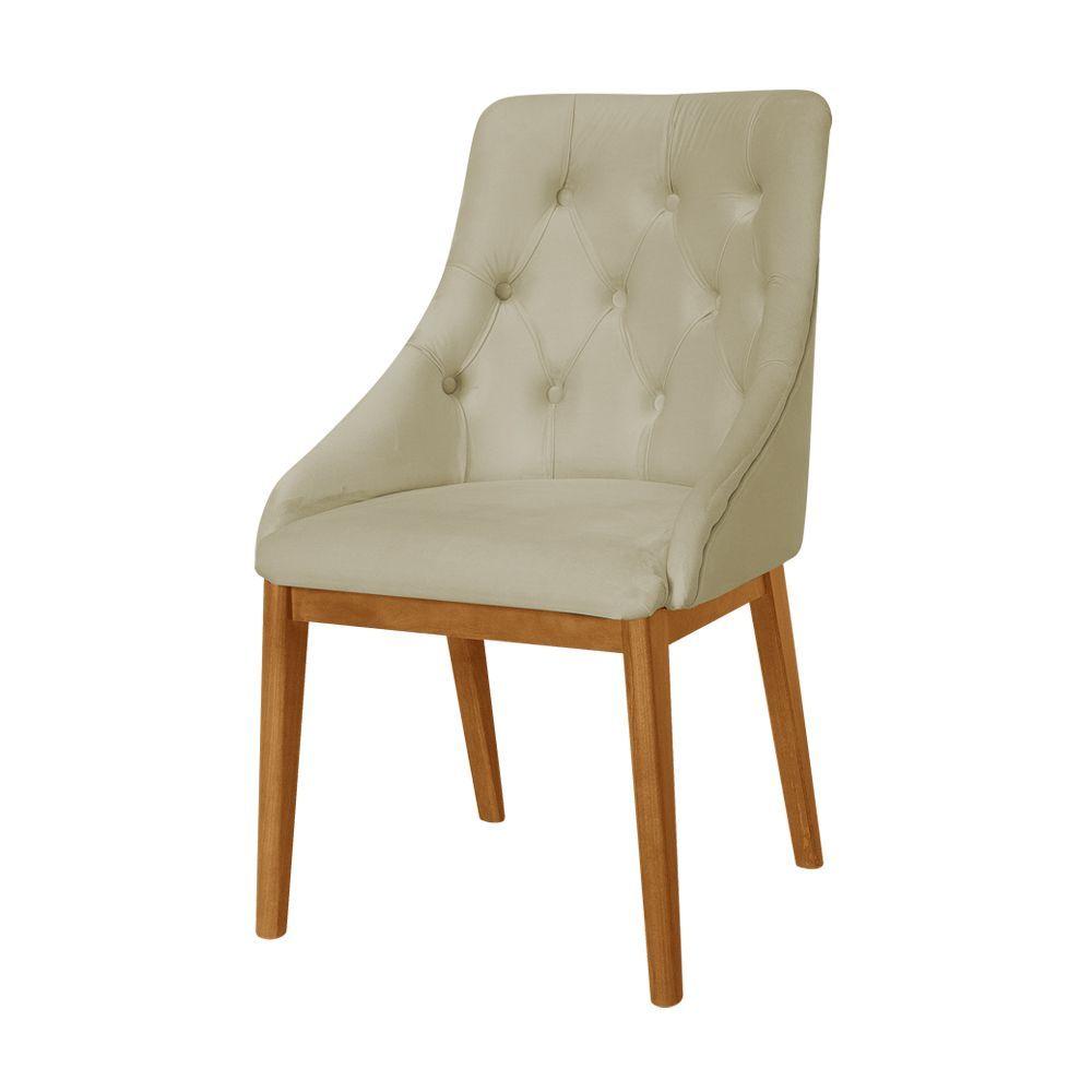 Miniatura Kit 2 Cadeiras De Jantar Elisa Nobre Estofada Capitonê Veludo Bege Base Madeira Maciça Mel