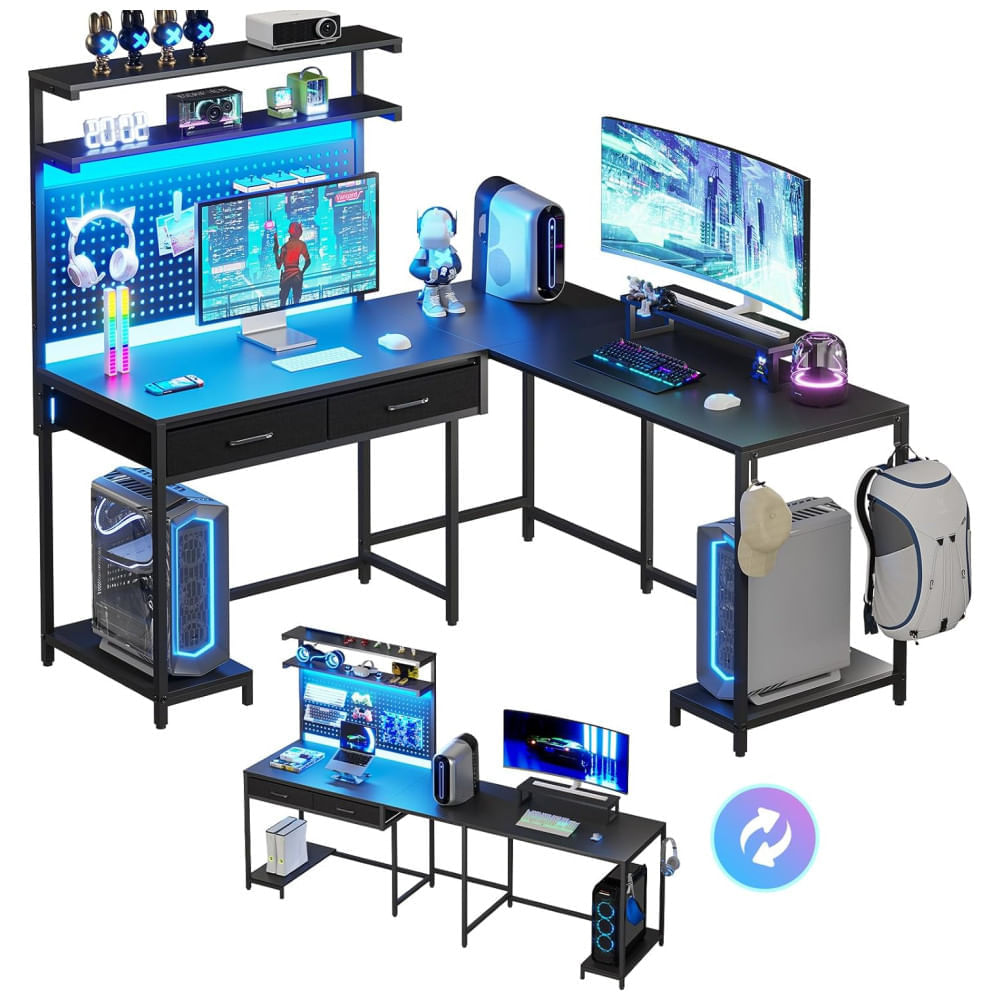 Mesa Gamer em Formato de L com Luz LED, Suporte para Monitor, Prateleiras de Armazenamento, Tomadas, Painel Perfurado e Gavetas, 110V, SEDETA, Preto 110v