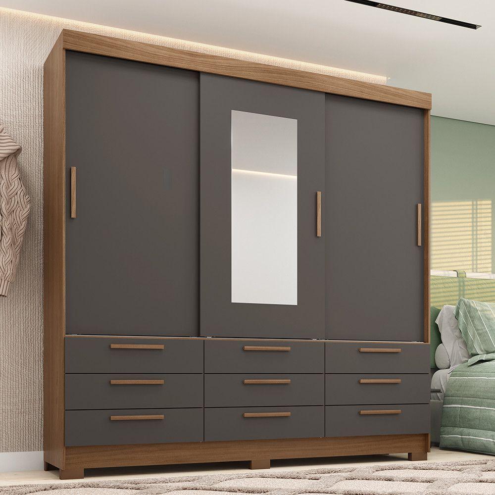 Miniatura Guarda-roupa Casal 194,40 3 Portas 9 Gavetas Com Espelho Dante Estilo Mm Jatoba/grafitte
