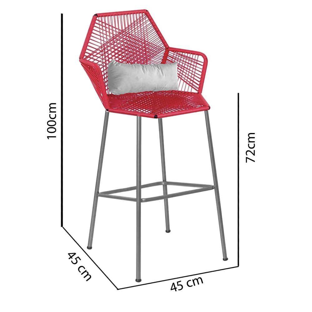 Miniatura Banqueta Alta Com Encosto Ferro Prata Fibra Vermelho Almofada Branco