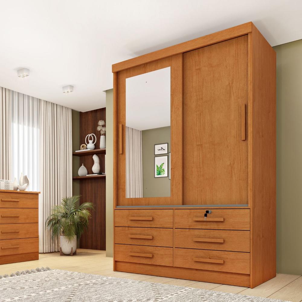 Guarda Roupa Solteiro com Espelho 2 Portas 6 Gavetas 133cm Chicago