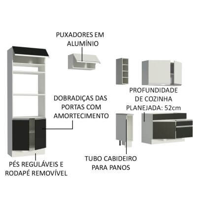 Cozinha Completa Madesa Jade com Armário e Balcão (Sem Tampo e Pia) Branco/Preto/Branco Cor:Branco/Preto/Branco