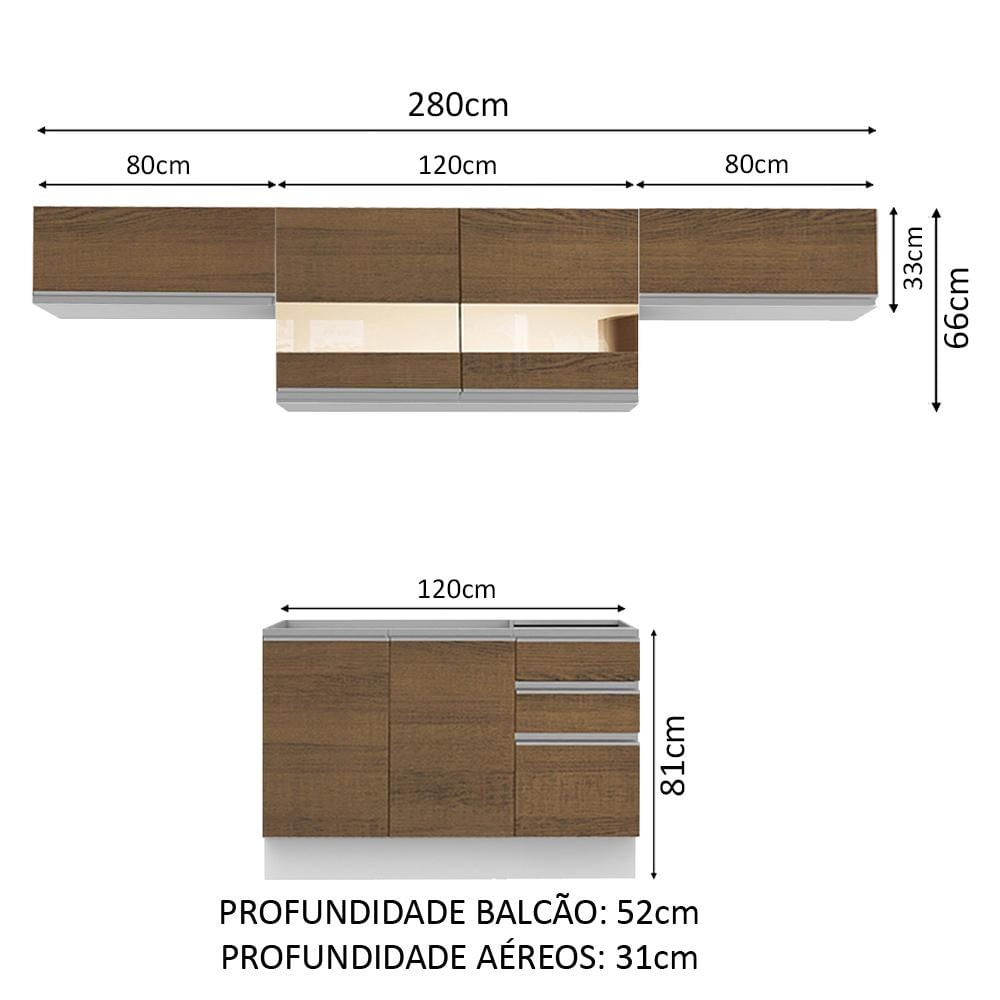 Armário de Cozinha Compacta 280cm Branco/Rustic Marina Madesa 01 Branco/Rustic