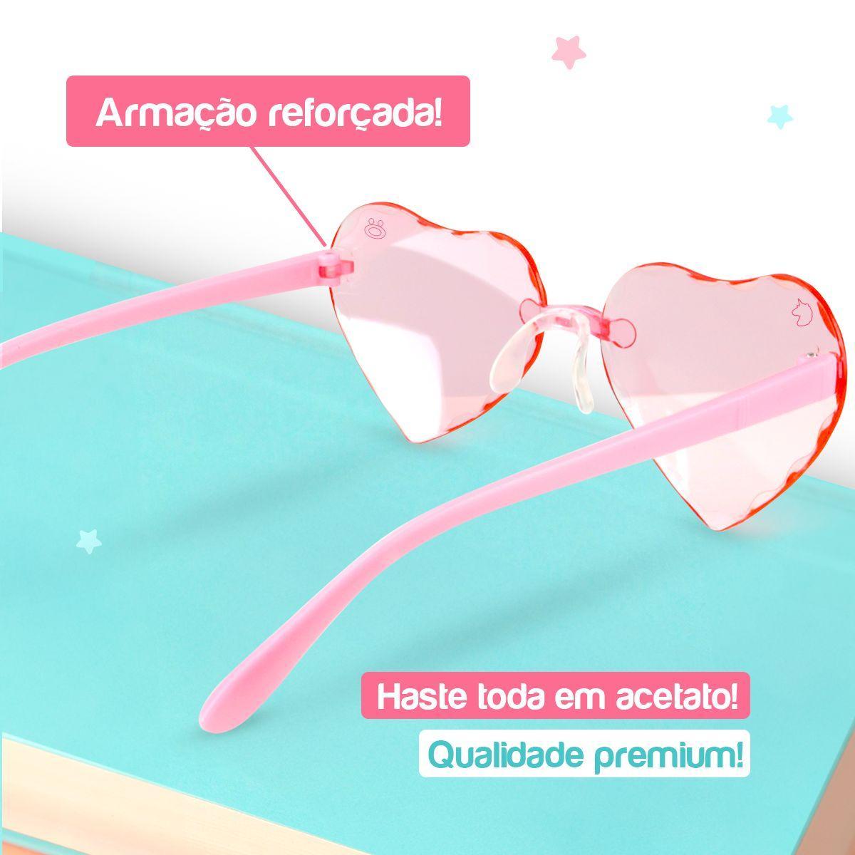 Miniatura Óculos Sol Infantil Rosa Coração Vintage Acetato + Case