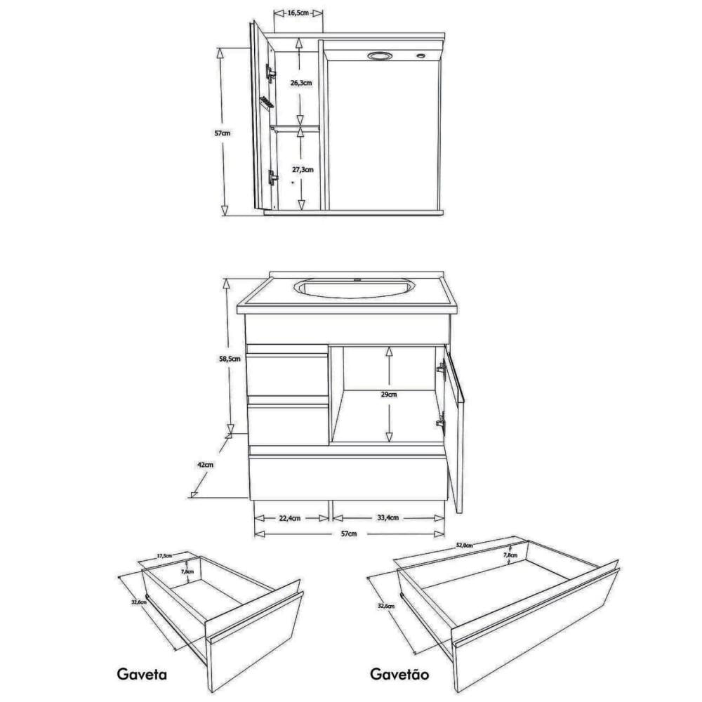 Miniatura Conjunto Gabinete de Banheiro Suspenso 2 Gavetas e 1 Gavetão com Espelheira e Cuba AJ Rorato Gianduia
