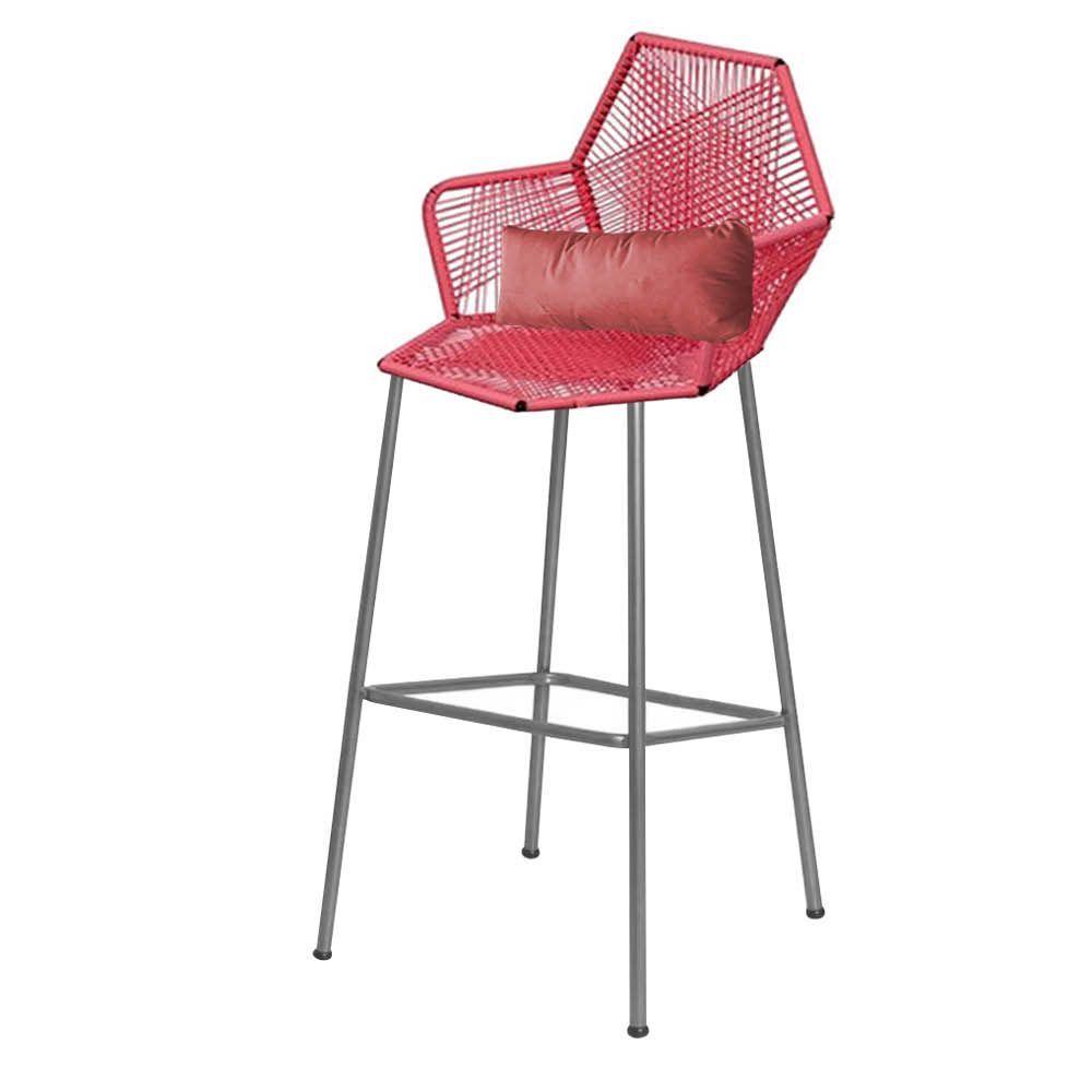 Miniatura Banqueta Alta Com Encosto Sttar Balcão Ferro Prata Fibra Coral Almofada Rose Gold