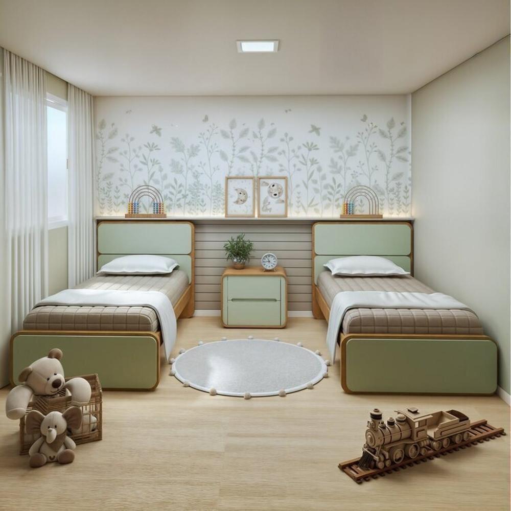 Miniatura Quarto Infantil com 2 Camas Solteiro Loop Tecido Boucle e Mesa de Cabeceira 2 Gavetas Loop Amendoa Clean/Salvia